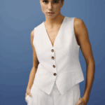 Gilet beige femme en lin, léger et élégant.